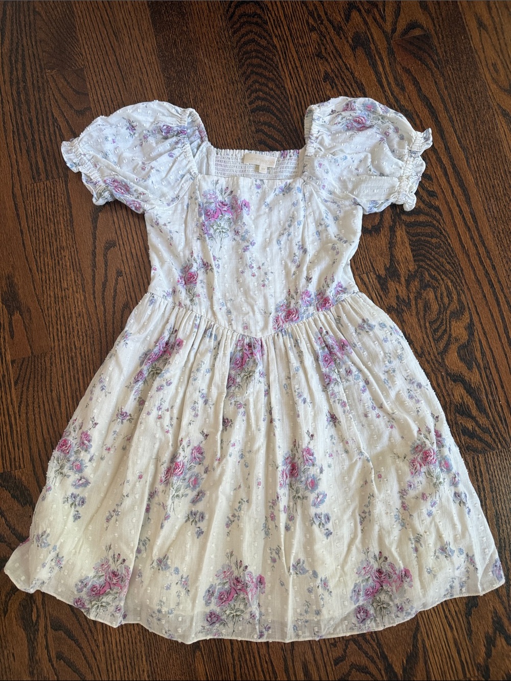 LoveShackFancy White Floral Puff-Sleeve Dress with Pink & Lavender Roses